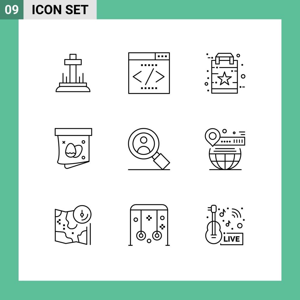 Universal Icon Symbols Group of 9 Modern Outlines of research holiday bag easter egg Editable Vector Design Elements