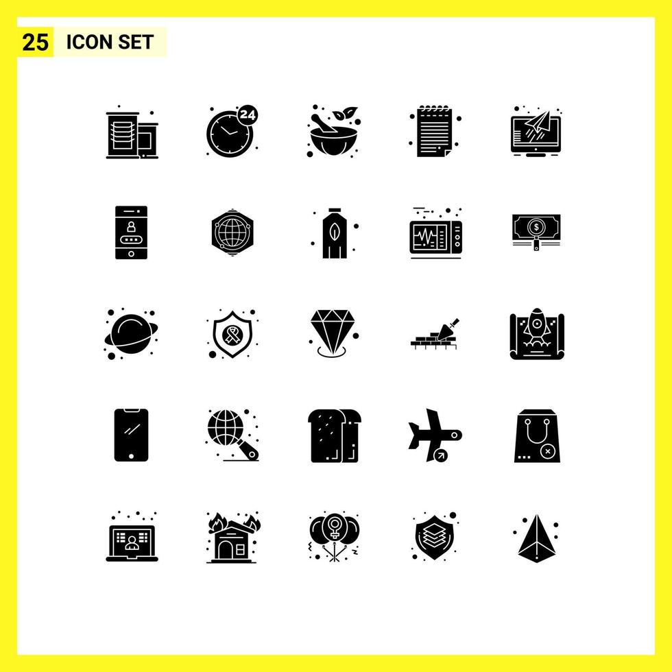Group of 25 Solid Glyphs Signs and Symbols for lock screen pestle reader message Editable Vector Design Elements