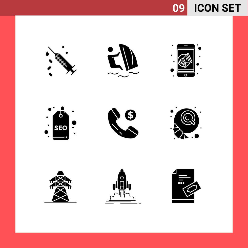 Mobile Interface Solid Glyph Set of 9 Pictograms of ecommerce seo tag sport seo speaker Editable Vector Design Elements