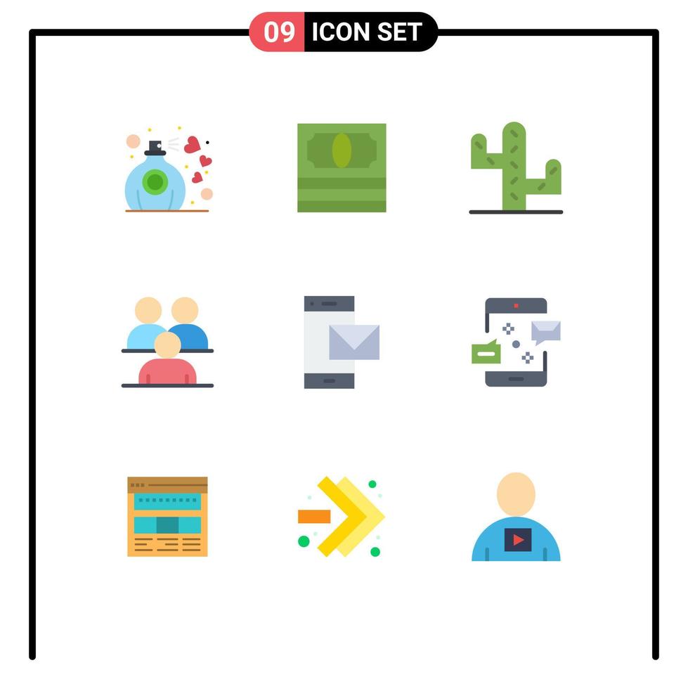 conjunto moderno de 9 colores planos y símbolos, como mensajes telefónicos, grupo de contacto del desierto, elementos de diseño vectorial editables vector