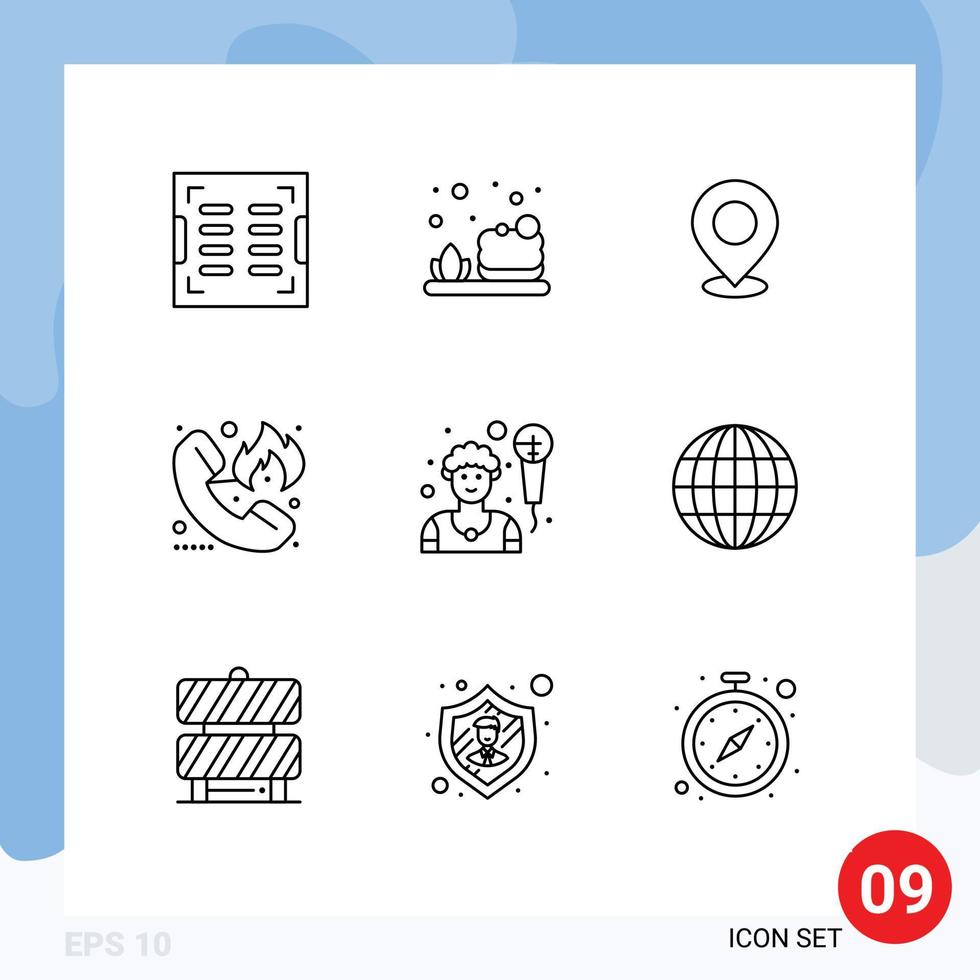 9 User Interface Outline Pack of modern Signs and Symbols of fire call map pointer place Editable Vector Design Elements