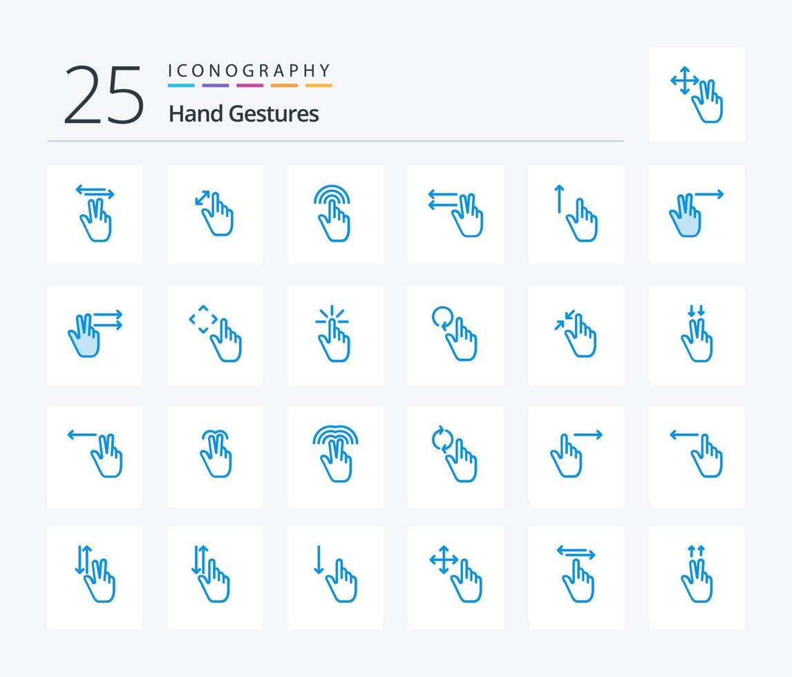 paquete de iconos de color azul de 25 gestos con las manos, incluido arriba. gesto. toque. dedos. interfaz vector