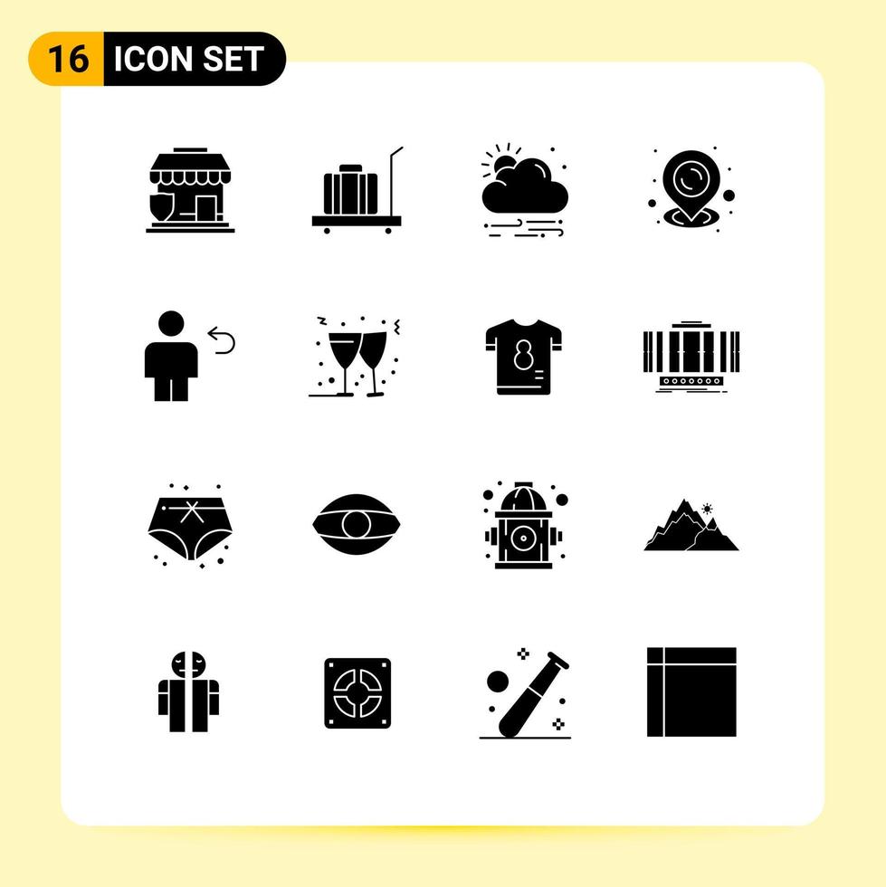 Universal Icon Symbols Group of 16 Modern Solid Glyphs of human back wind avatar pin Editable Vector Design Elements