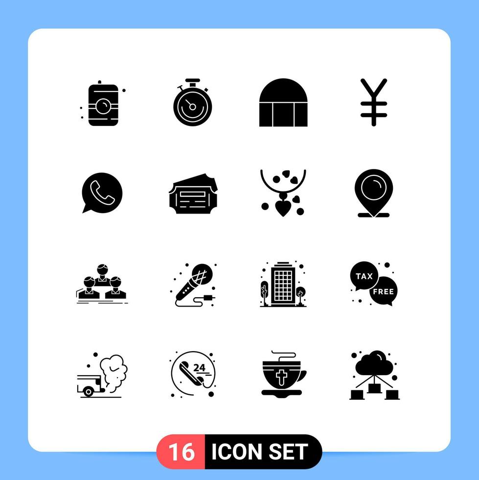 Group of 16 Solid Glyphs Signs and Symbols for telephone app building yen currency Editable Vector Design Elements