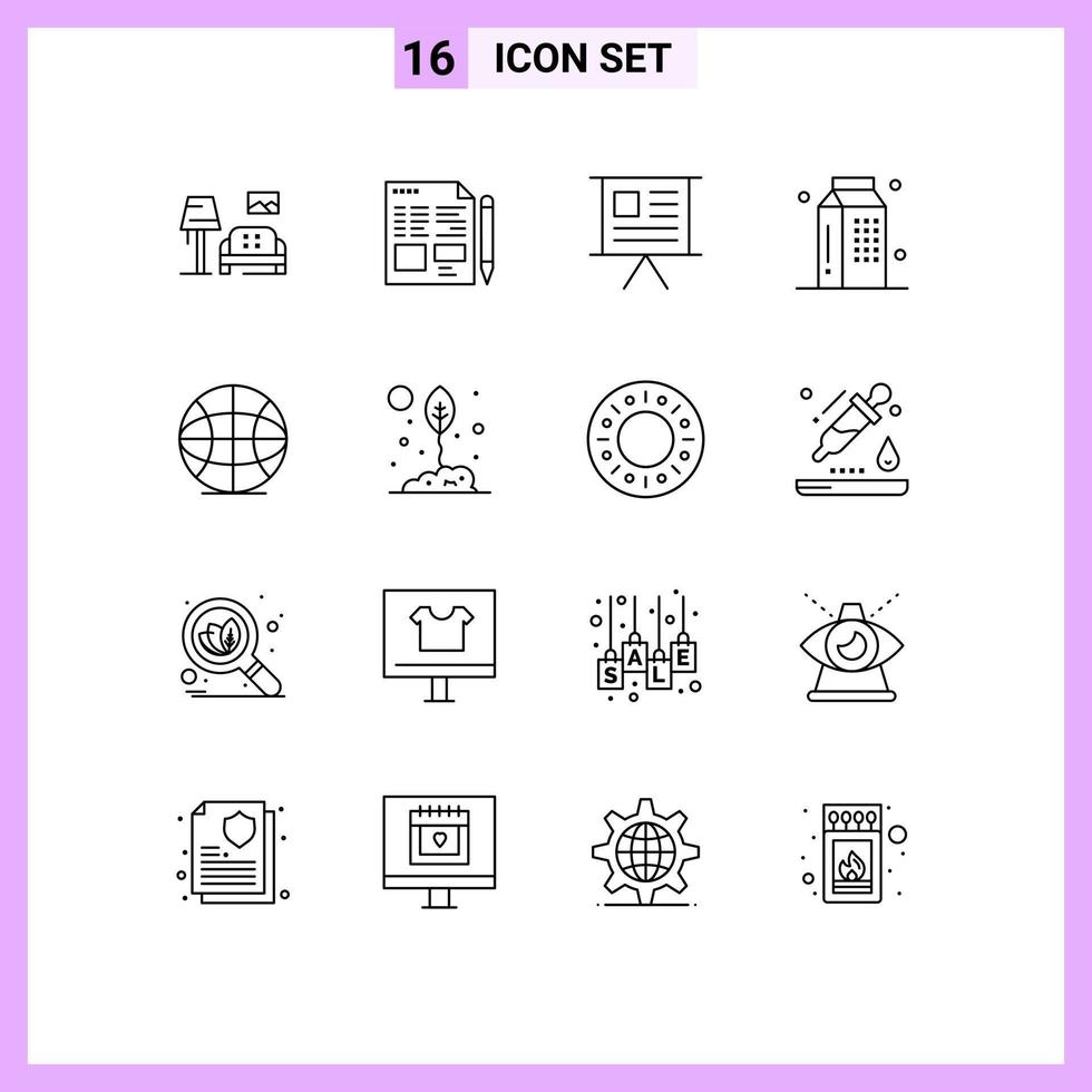Group of 16 Outlines Signs and Symbols for milk food business drinks presentation Editable Vector Design Elements