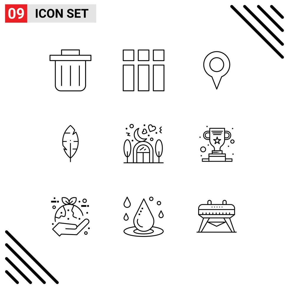 Group of 9 Modern Outlines Set for cup lover pin love home Editable Vector Design Elements