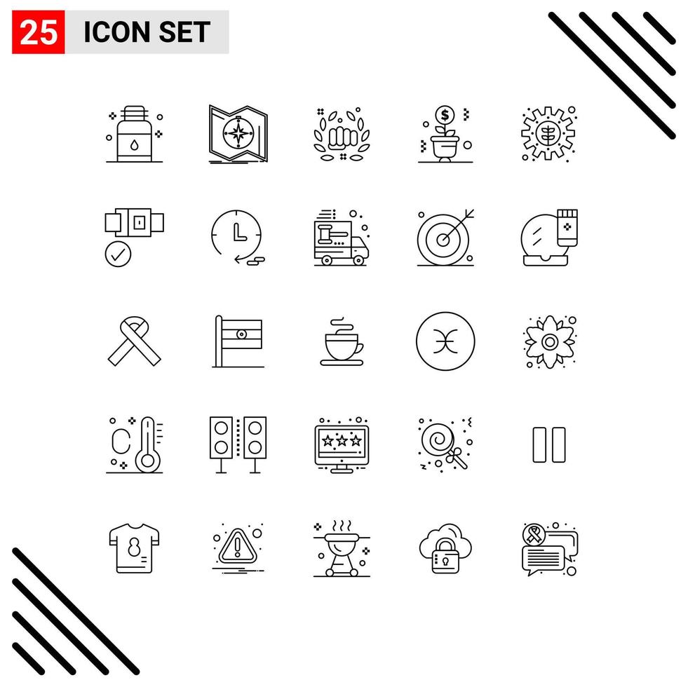 Group of 25 Lines Signs and Symbols for plant growing navigate fist punch Editable Vector Design Elements