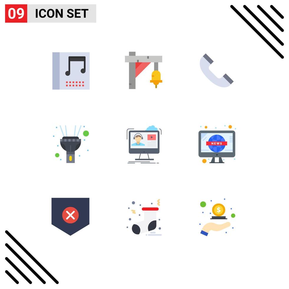 9 User Interface Flat Color Pack of modern Signs and Symbols of education media phone video torch Editable Vector Design Elements