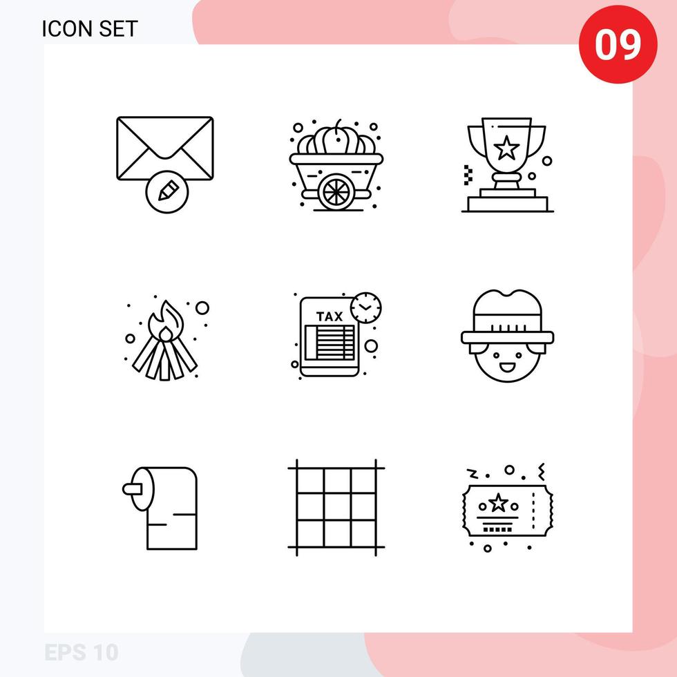 Mobile Interface Outline Set of 9 Pictograms of tax reminder award flame bonfire Editable Vector Design Elements