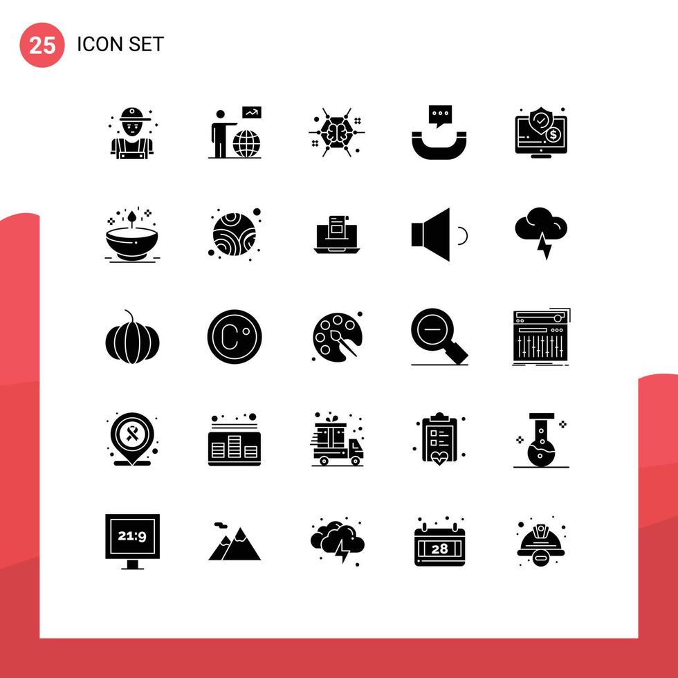 Pictogram Set of 25 Simple Solid Glyphs of sms message arrow ideas brain Editable Vector Design Elements