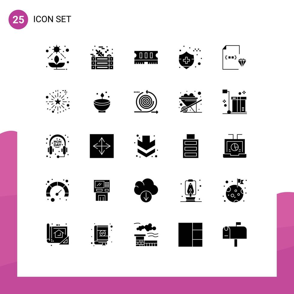 Set of 25 Vector Solid Glyphs on Grid for document develop hardware coding car insurance Editable Vector Design Elements