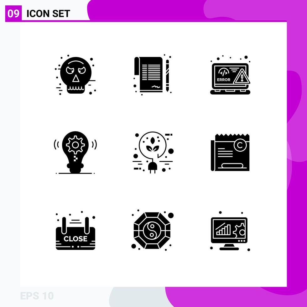 Group of 9 Modern Solid Glyphs Set for bio gear coding idea error Editable Vector Design Elements