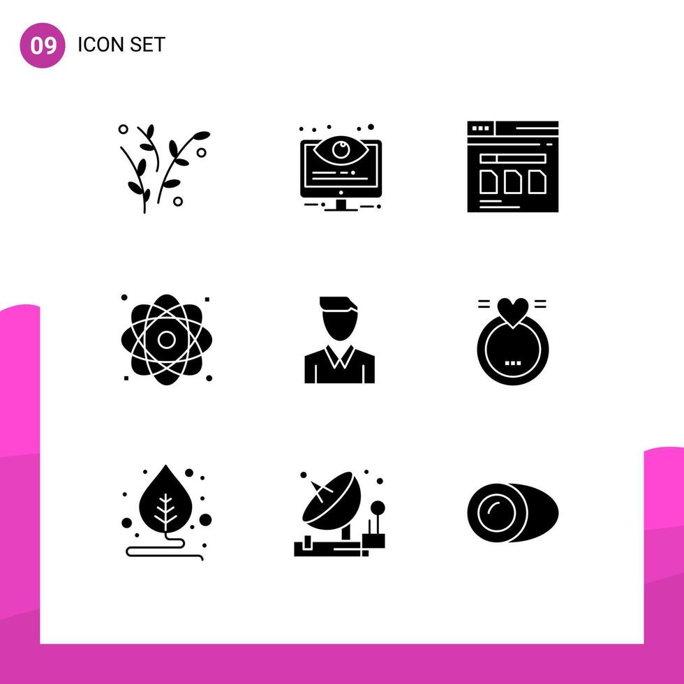 Modern Set of 9 Solid Glyphs Pictograph of nuclear energy system atom website Editable Vector Design Elements