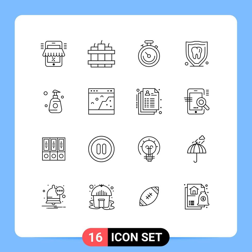 paquete de 16 signos y símbolos de contornos modernos para medios de impresión web, como elementos de diseño de vectores editables de seguro de seguridad de reloj de dientes de botella de ducha