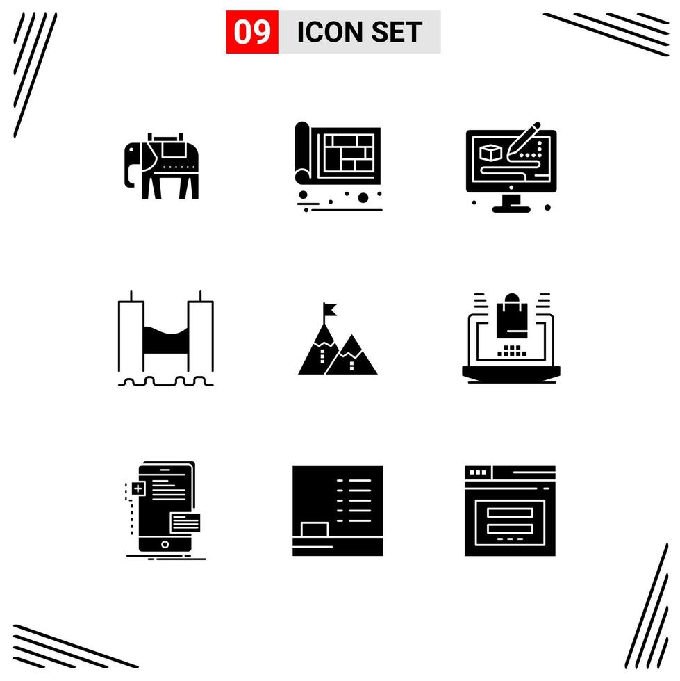 Set of 9 Vector Solid Glyphs on Grid for success industrial creative harbor bridge Editable Vector Design Elements