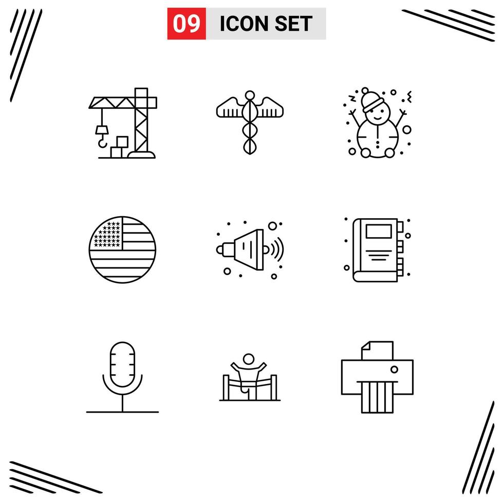 Pack of 9 Modern Outlines Signs and Symbols for Web Print Media such as volume loud man usa flag Editable Vector Design Elements