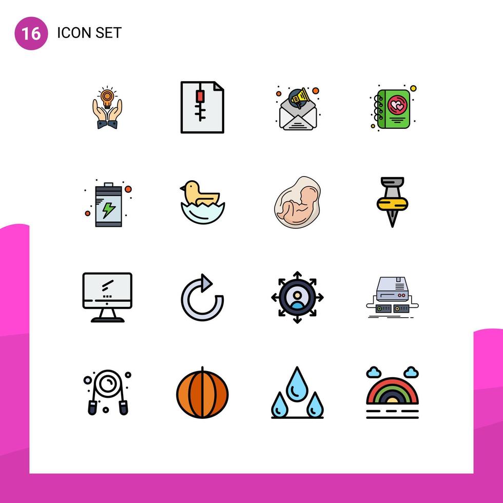 Mobile Interface Flat Color Filled Line Set of 16 Pictograms of charge writing zip love diary Editable Creative Vector Design Elements