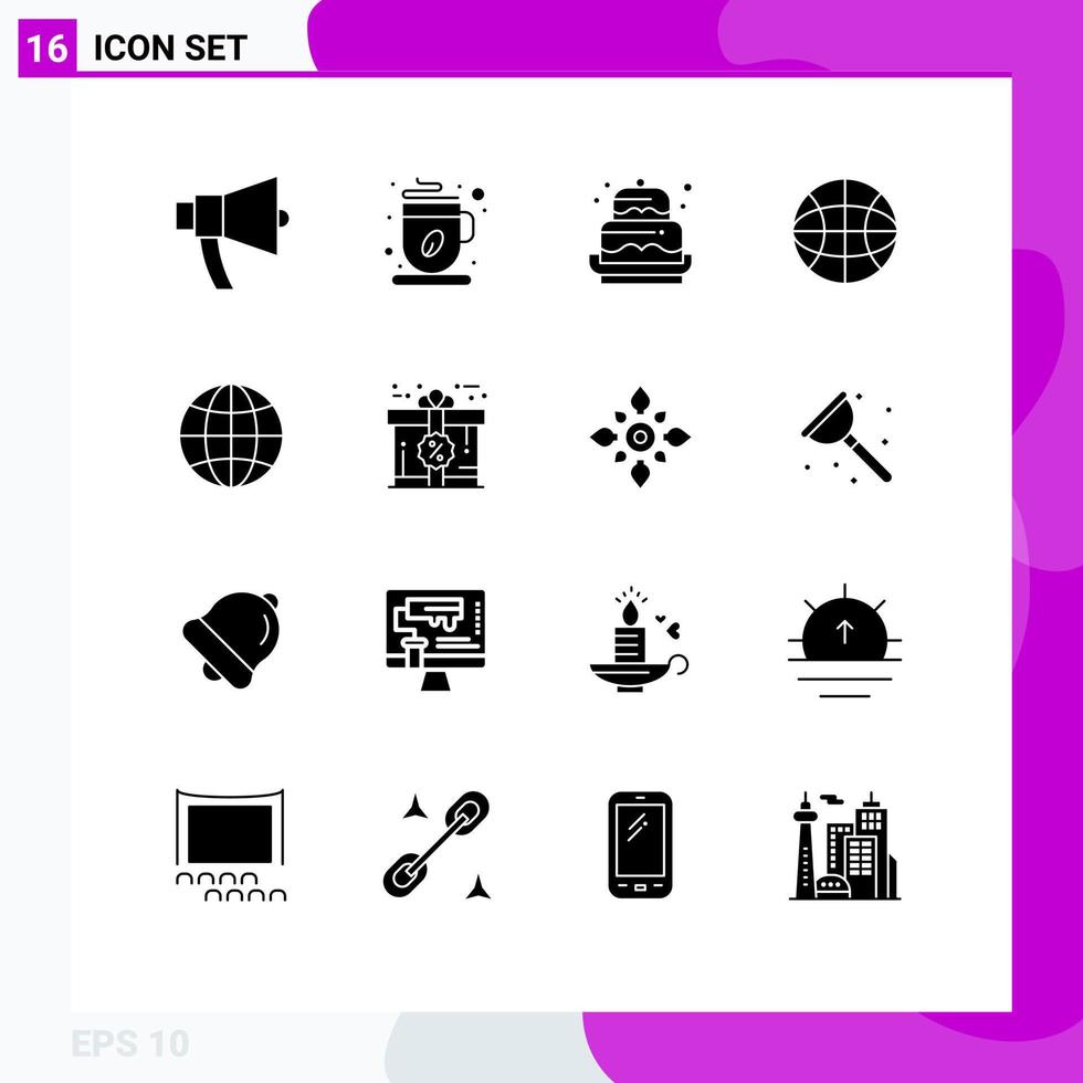 Universal Icon Symbols Group of 16 Modern Solid Glyphs of globe internet coffee cup globe decoration Editable Vector Design Elements