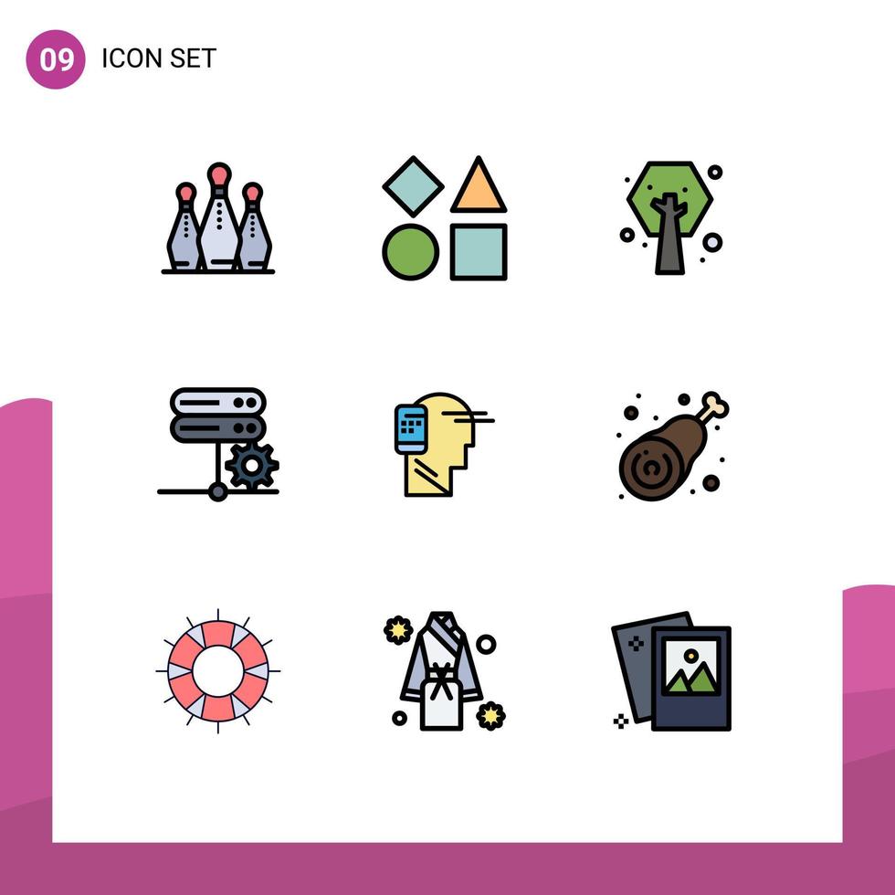 grupo de 9 signos y símbolos de colores planos de línea de llenado para elementos de diseño de vectores editables de planta de red de juguete de servidor de comunicación