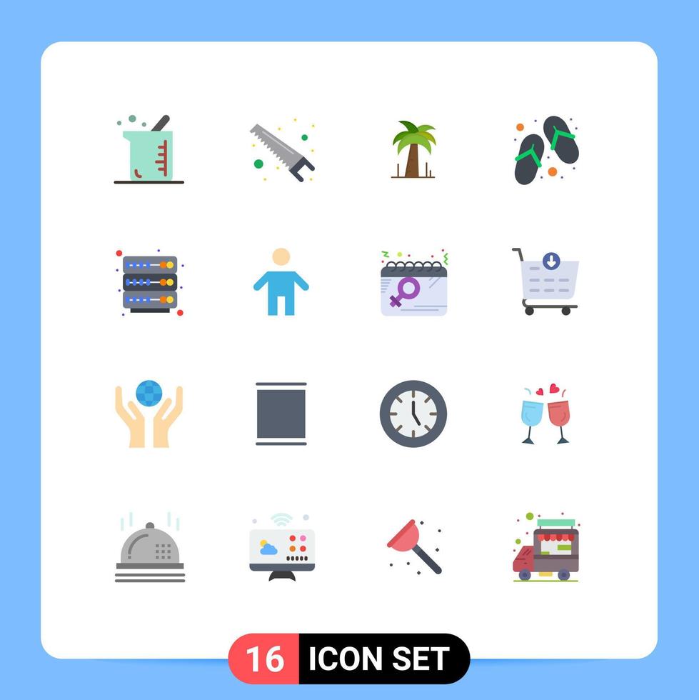 Pack of 16 Modern Flat Colors Signs and Symbols for Web Print Media such as server hosting palm spa shoes Editable Pack of Creative Vector Design Elements