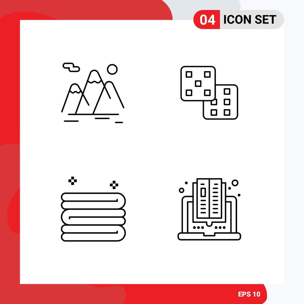 Set of 4 Vector Filledline Flat Colors on Grid for mountains cleaning hiking gaming book Editable Vector Design Elements