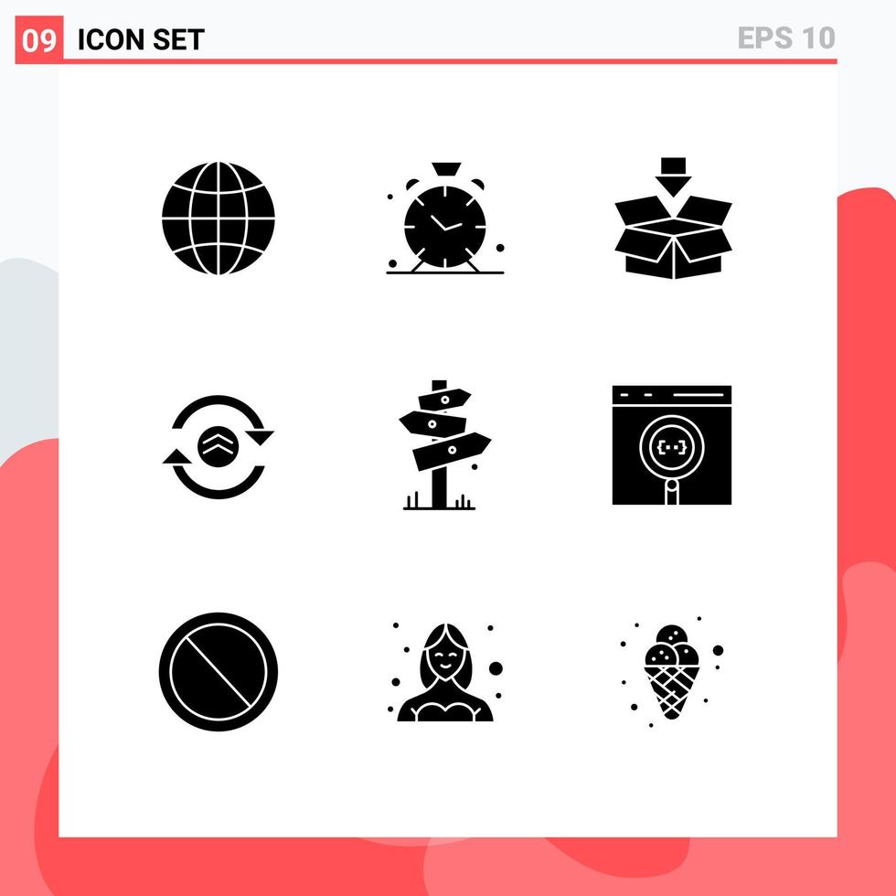 conjunto moderno de 9 pictogramas de glifos sólidos de dirección recargar alerta actualizar guardar elementos de diseño vectorial editables vector