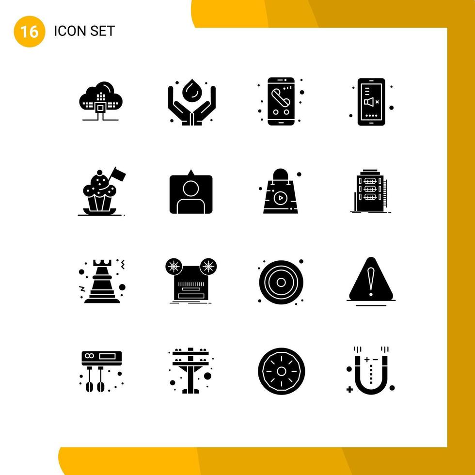Solid Glyph Pack of 16 Universal Symbols of mute education renewable back to school phone Editable Vector Design Elements