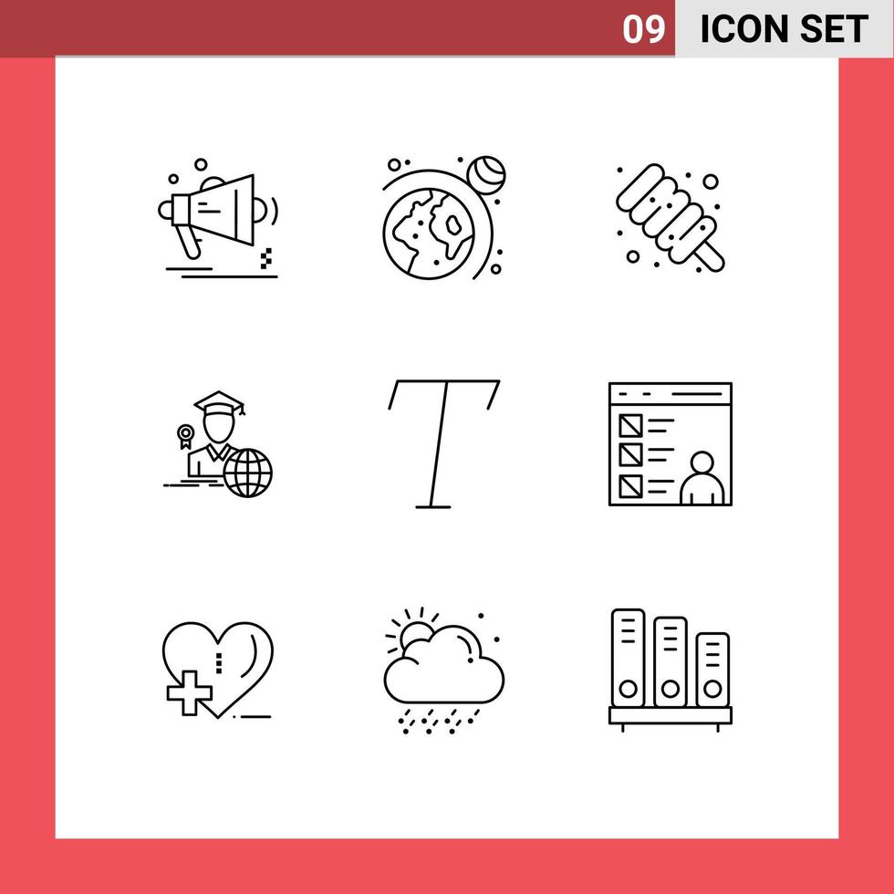 Mobile Interface Outline Set of 9 Pictograms of app font food scholar avatar Editable Vector Design Elements