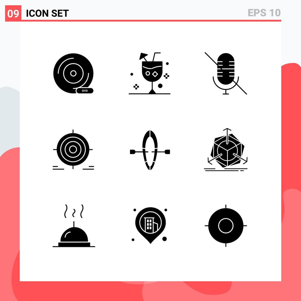 Group of 9 Solid Glyphs Signs and Symbols for objective darts drink goal mute Editable Vector Design Elements