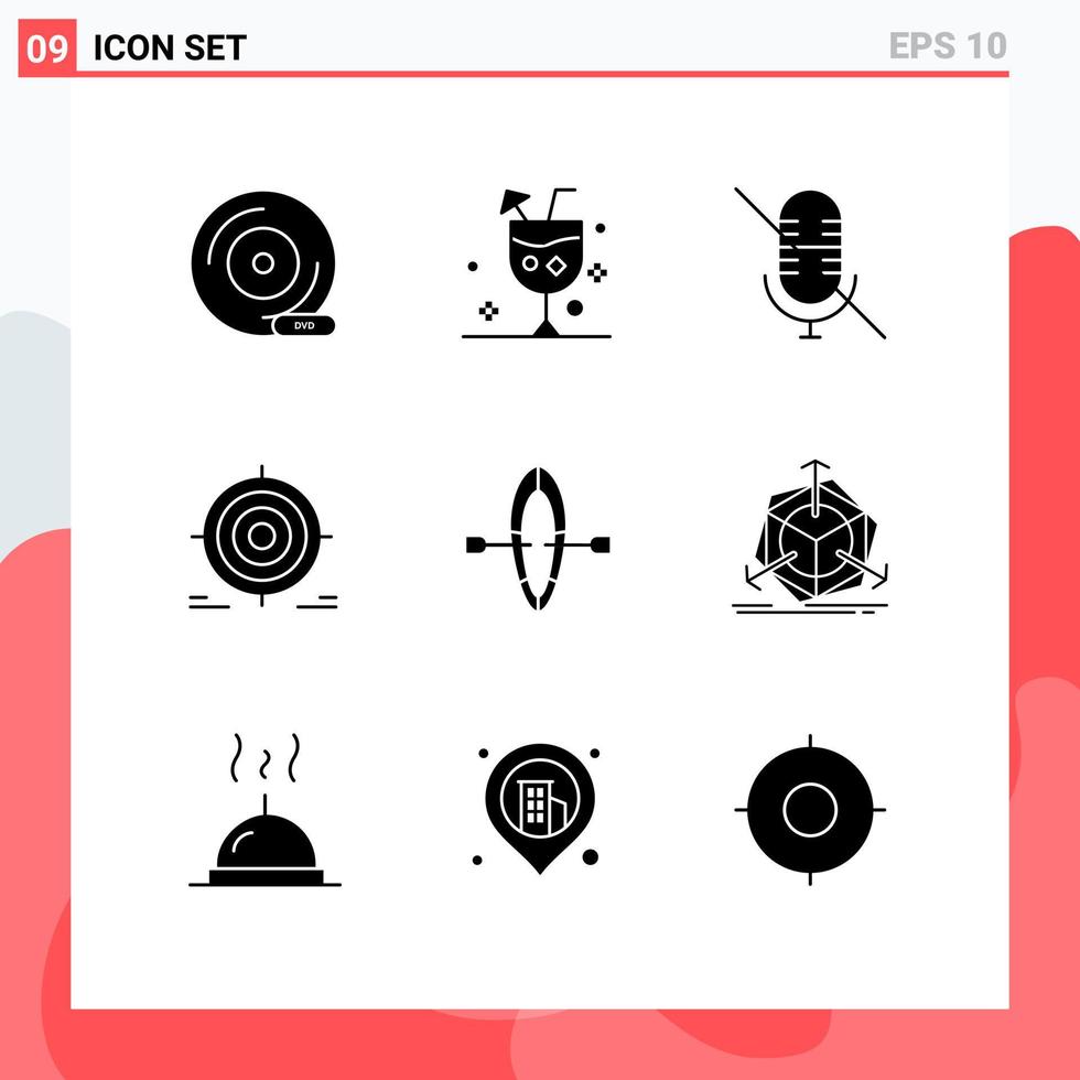 grupo de 9 signos y símbolos de glifos sólidos para dardos objetivos beber objetivo silenciar elementos de diseño de vectores editables