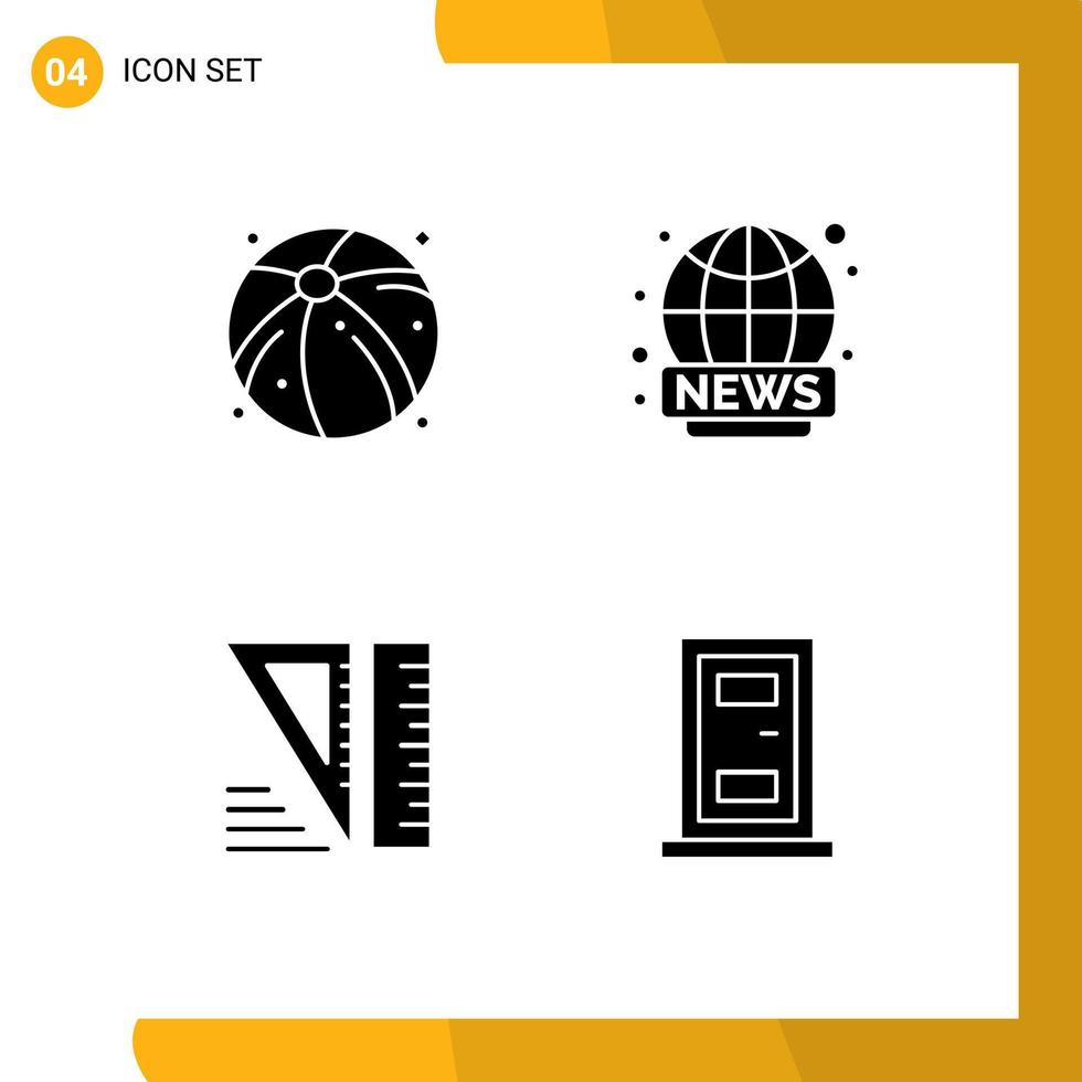 Mobile Interface Solid Glyph Set of 4 Pictograms of ball tools world wide news door Editable Vector Design Elements