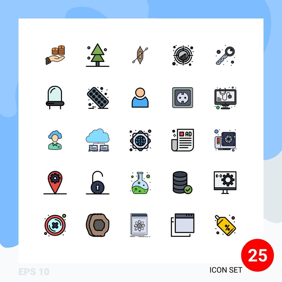 Modern Set of 25 Filled line Flat Colors and symbols such as crosshair ship forest kayak boat Editable Vector Design Elements