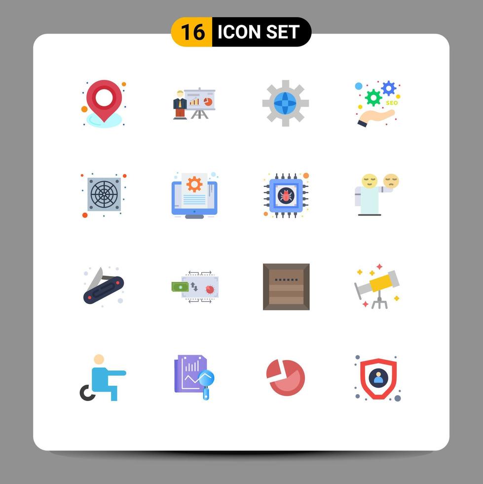 Set of 16 Commercial Flat Colors pack for computer seo professor marketing technical Editable Pack of Creative Vector Design Elements