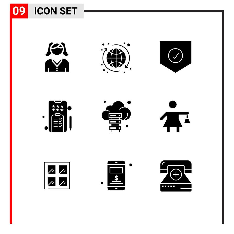 Editable Vector Line Pack of 9 Simple Solid Glyphs of technology server protect cloud text Editable Vector Design Elements
