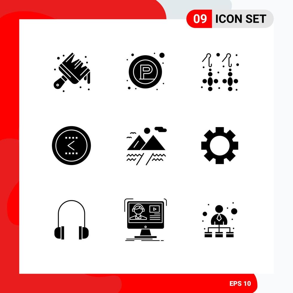 Mobile Interface Solid Glyph Set of 9 Pictograms of camping left earring interface arrow Editable Vector Design Elements