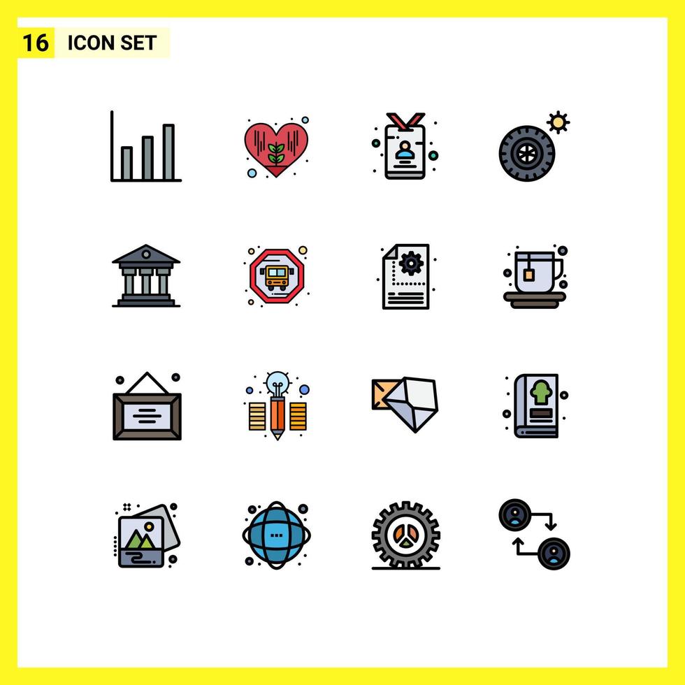 Pack of 16 Modern Flat Color Filled Lines Signs and Symbols for Web Print Media such as ireland institution journalist bank tires Editable Creative Vector Design Elements