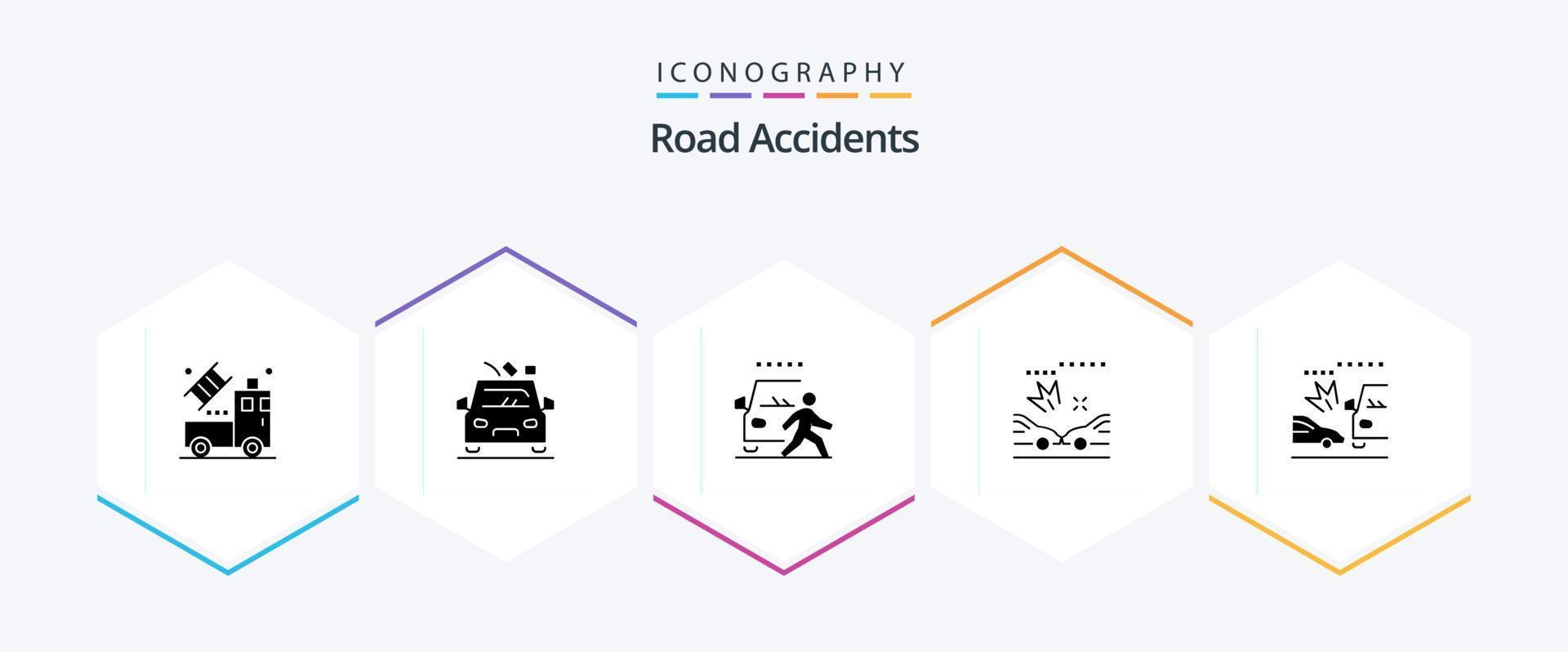 paquete de iconos de 25 glifos de accidentes de tráfico, incluido el automóvil. accidentes y. chocar. la carretera vector