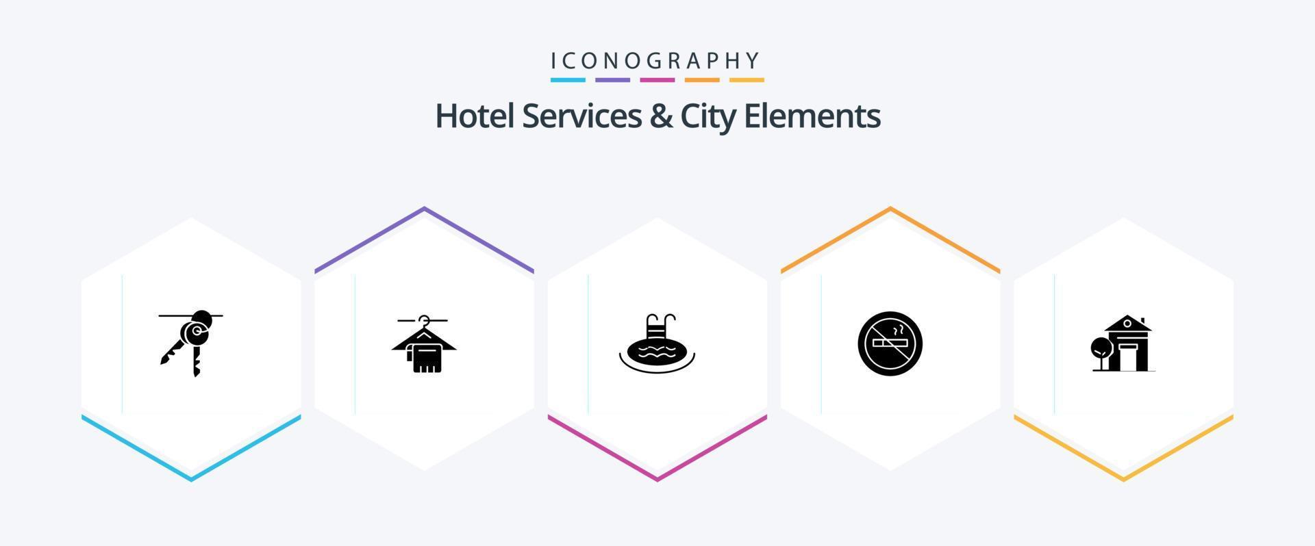 servicios de hotel y elementos de la ciudad Paquete de iconos de 25 glifos que incluye el hogar. hotel. hotel. no. No Fumar vector