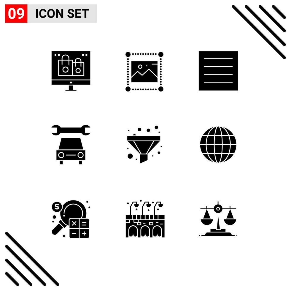 Universal Icon Symbols Group of 9 Modern Solid Glyphs of filter repair graphics car dry Editable Vector Design Elements