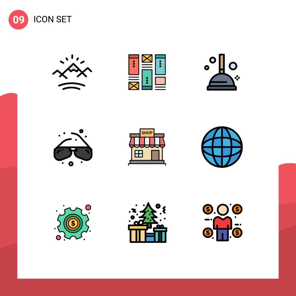 paquete de 9 modernos signos y símbolos de colores planos de línea rellena para medios de impresión web, como limpieza de tiendas en línea, anteojos geek, elementos de diseño de vectores editables