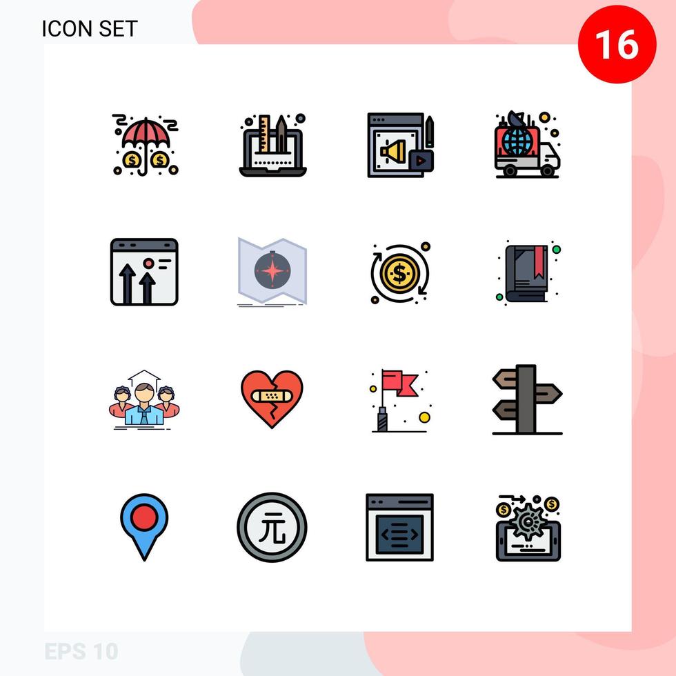 conjunto de 16 líneas llenas de colores planos comerciales para transmisión de noticias anuncio gráfico megáfono elementos de diseño de vectores creativos editables