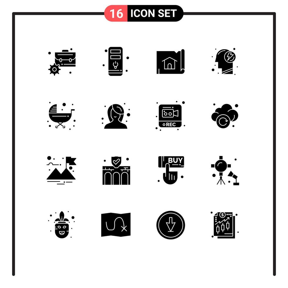 Mobile Interface Solid Glyph Set of 16 Pictograms of push baby construction power mental Editable Vector Design Elements