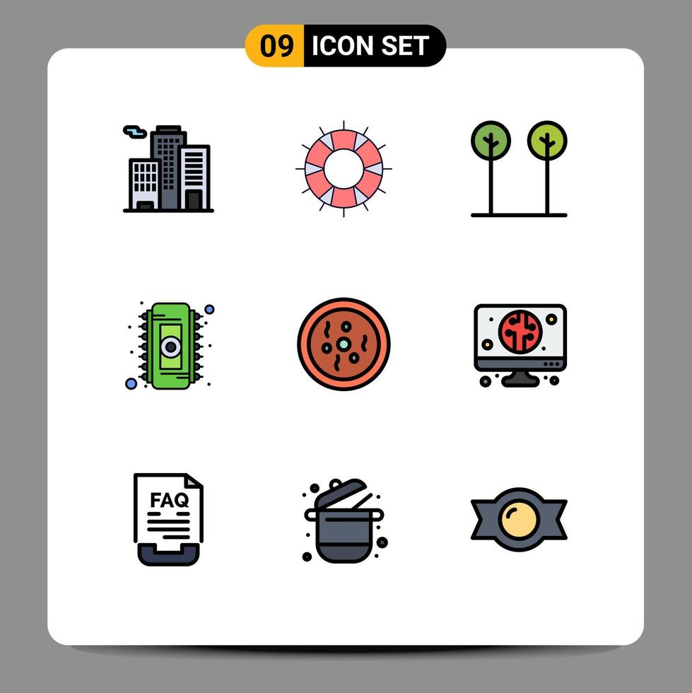 Mobile Interface Filledline Flat Color Set of 9 Pictograms of dish ram eco memory chip Editable Vector Design Elements