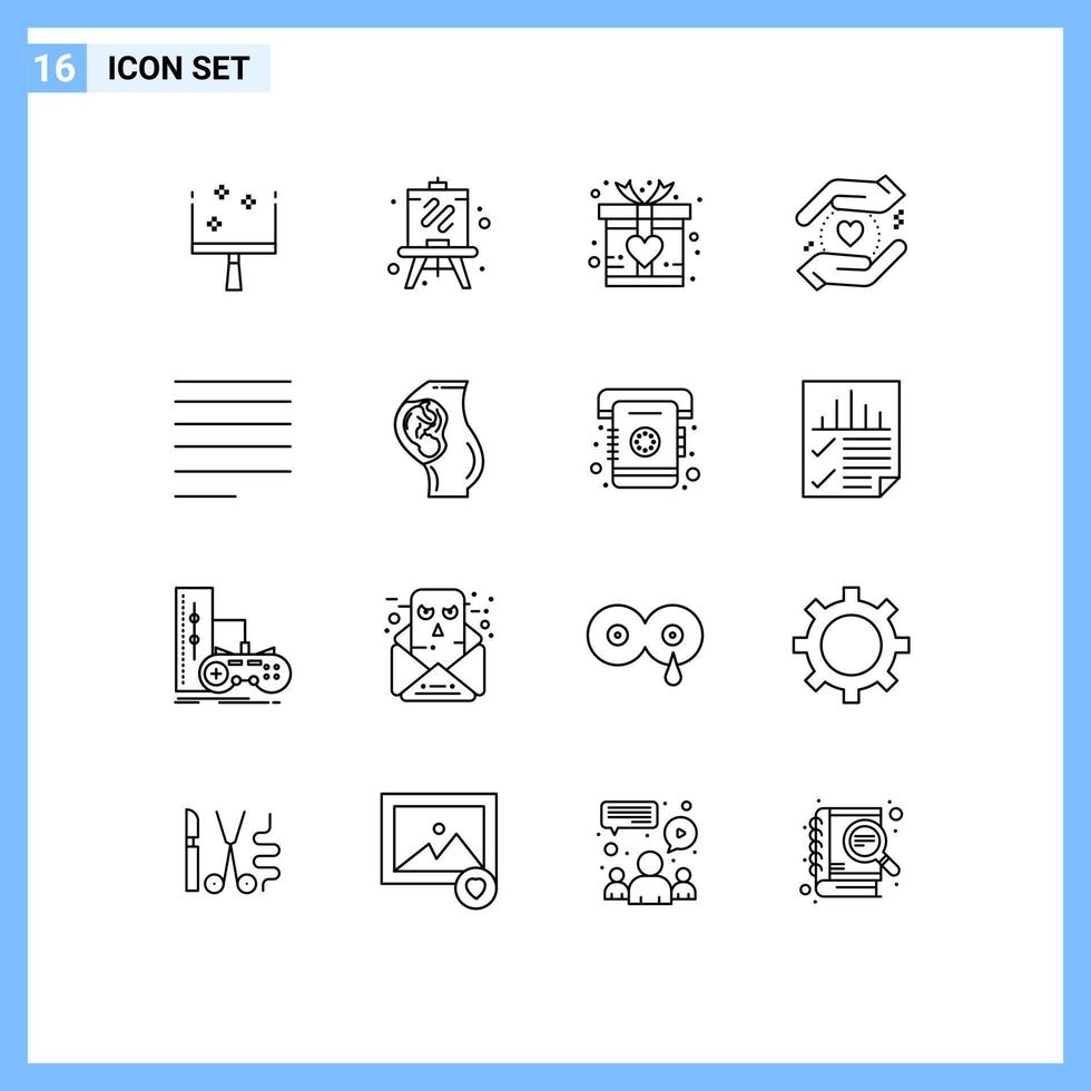 grupo de símbolos de iconos universales de 16 contornos modernos del embarazo del bebé presente texto alinear elementos de diseño de vectores editables