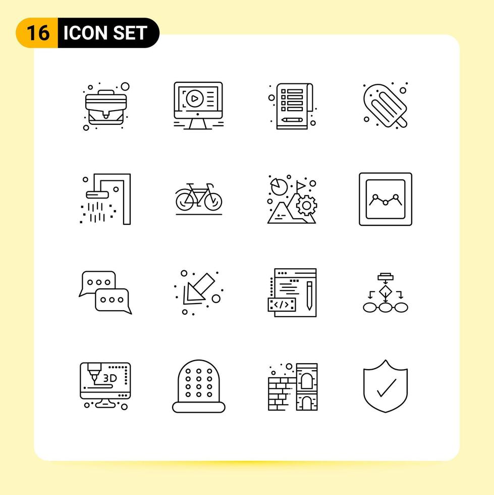 Universal Icon Symbols Group of 16 Modern Outlines of travel bath checklist ice cream holiday Editable Vector Design Elements