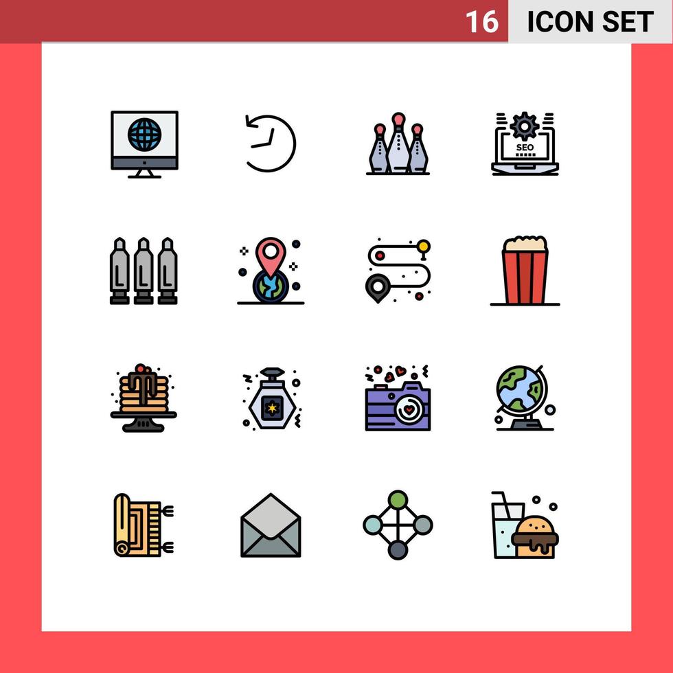 Group of 16 Modern Flat Color Filled Lines Set for bullet setting game web seo Editable Creative Vector Design Elements