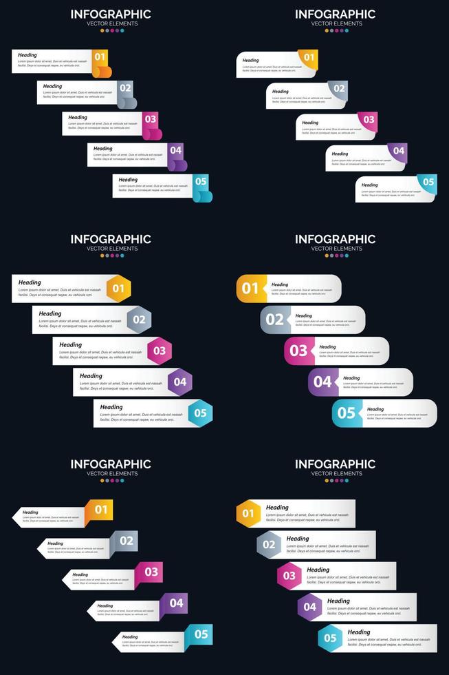 plantilla de diapositiva de presentación del paquete de infografías vectoriales 6 diagramas de ciclo de 5 pasos y líneas de tiempo vector