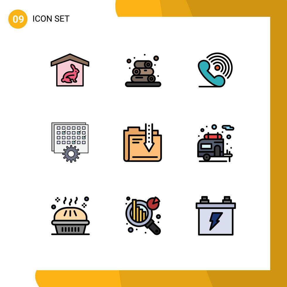 Group of 9 Filledline Flat Colors Signs and Symbols for archive schedule phone processing event Editable Vector Design Elements