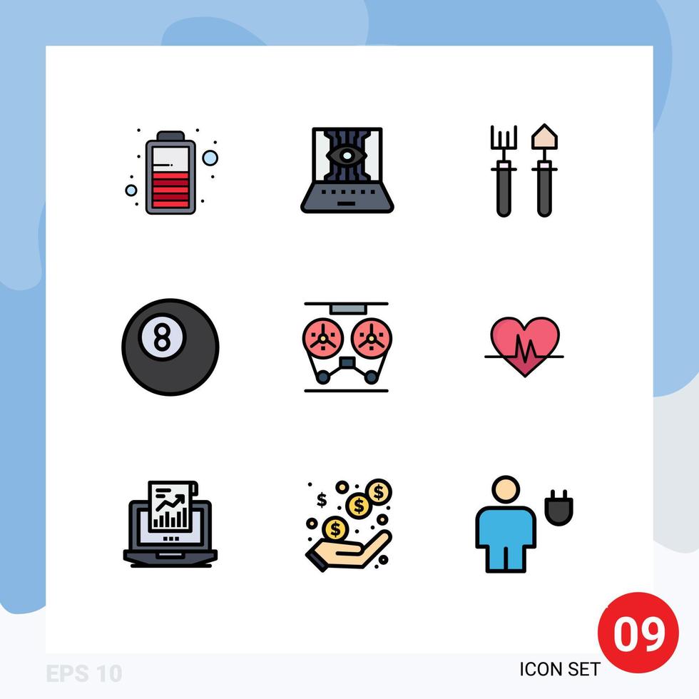 Mobile Interface Filledline Flat Color Set of 9 Pictograms of recorder player garden audio ball Editable Vector Design Elements