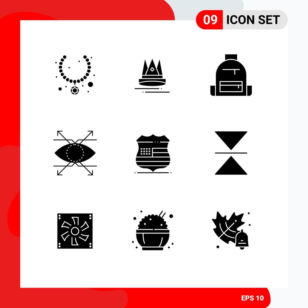 Mobile Interface Solid Glyph Set of 9 Pictograms of shield look backpack eye school Editable Vector Design Elements